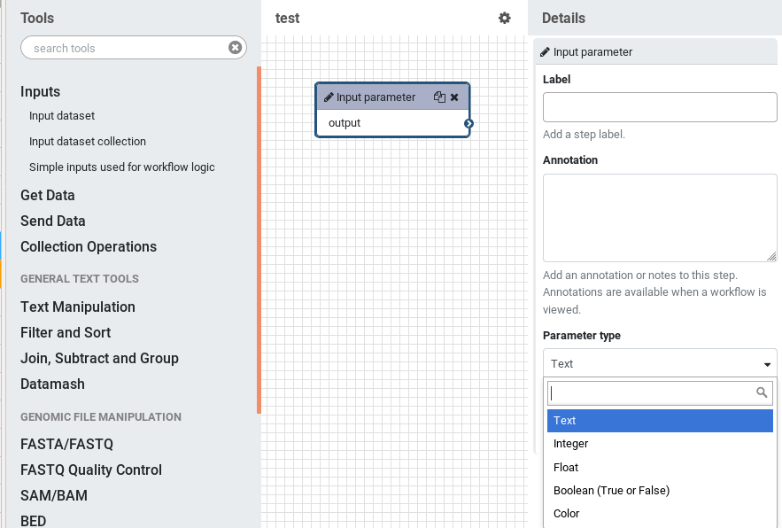 Workflow inputs are available at the top of the workflow editor menu, under "Inputs"