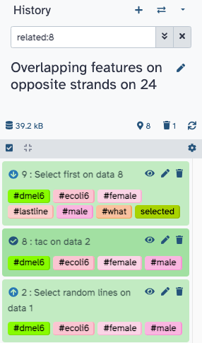 Screenshot of a history from release_23.1, inputs and outputs are being shown for a dataset. Each of those inputs and outputs have small upward and downward arrows next to the dataset number. The 'end' dataset of those inputs has a checkmark icon next to the dataset number. The history is titled the beta history and there is the related:8 filter in the search bar.