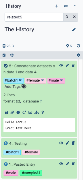 Screenshot of a history from release_23.0, the top most dataset is expanded and only the inputs for that dataset are being shown in the history. Each of those inputs has a small upward arrow next to the dataset number. The 'end' dataset of those inputs has a checkmark icon next to the dataset number. The history is titled the beta history.