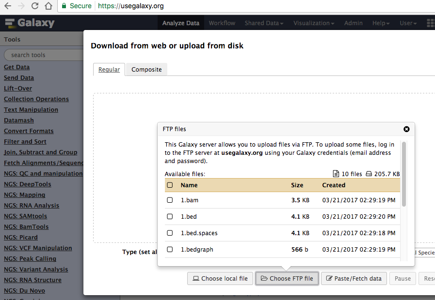 FTP files on the Upload File tool form